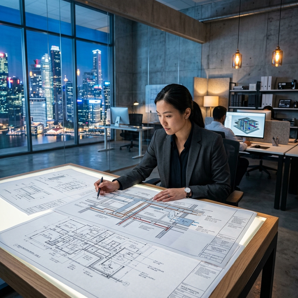 HVAC engineer reviewing building system blueprints