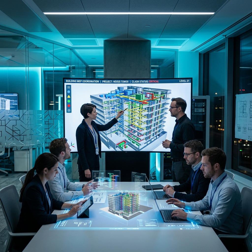 MEP coordination team reviewing BIM model