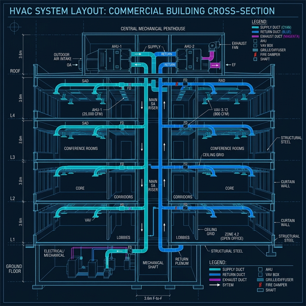 HVAC system design commercial building cross-section