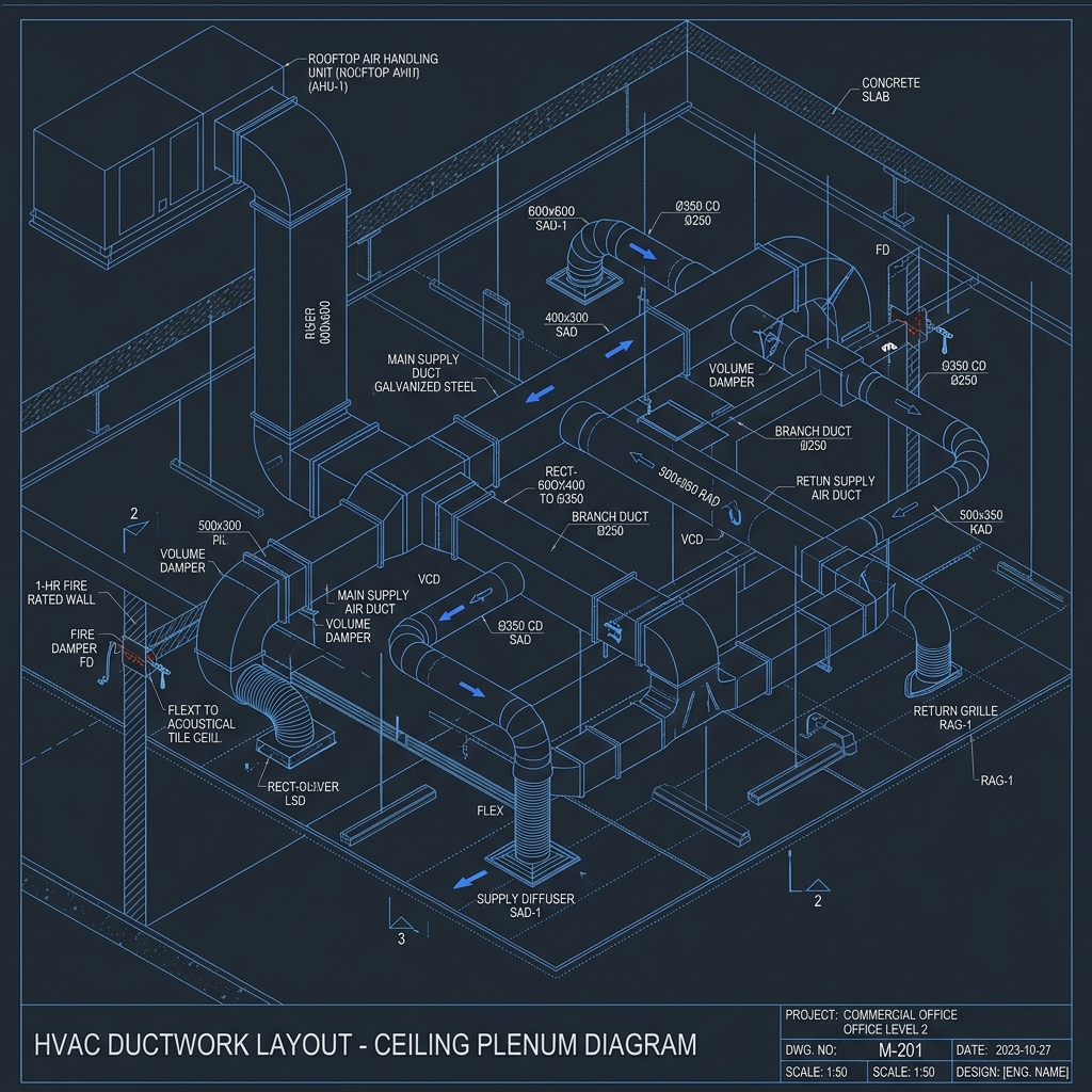HVAC ductwork layout ceiling plenum