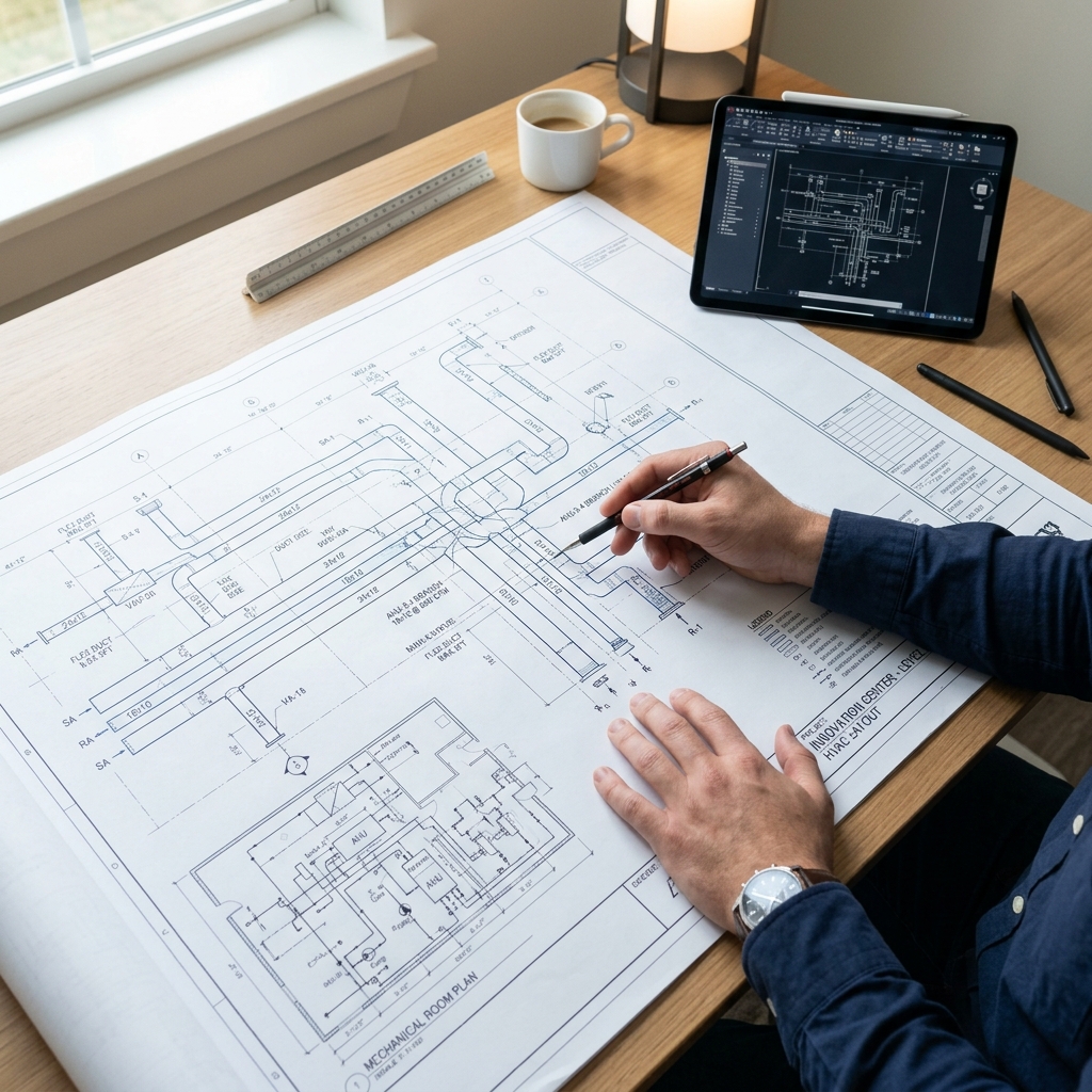 HVAC ductwork layout blueprint on desk